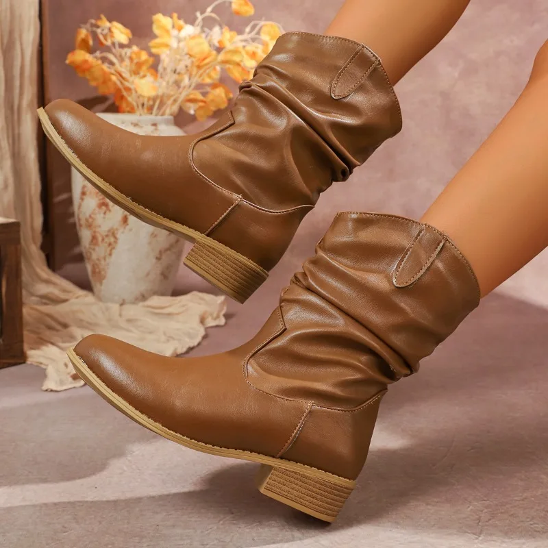 Spring Autumn Round Toe Solid Color Mid Heel Daily Women Boot Fashion New Pleated Design Retro Thick Heel Women's Mid Calf Boots