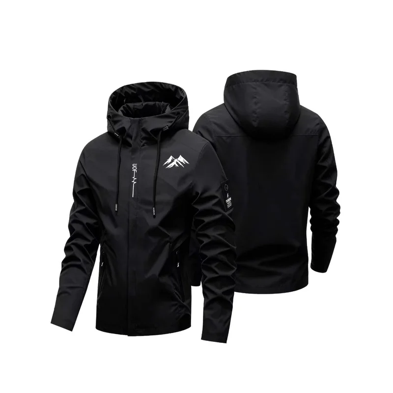 2026 NEW Men Mountain Print Hooded Jacket Outdoor Windproof Windbreaker Male Zip Up Casual Coat Lightweight Street Outerwear