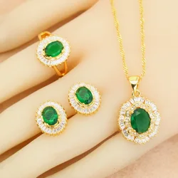 Amazing 18k Gold Plated Weding Jewelry Sets for Women Green Crystal Earrings Necklace Pendant Open Ring Party Gift