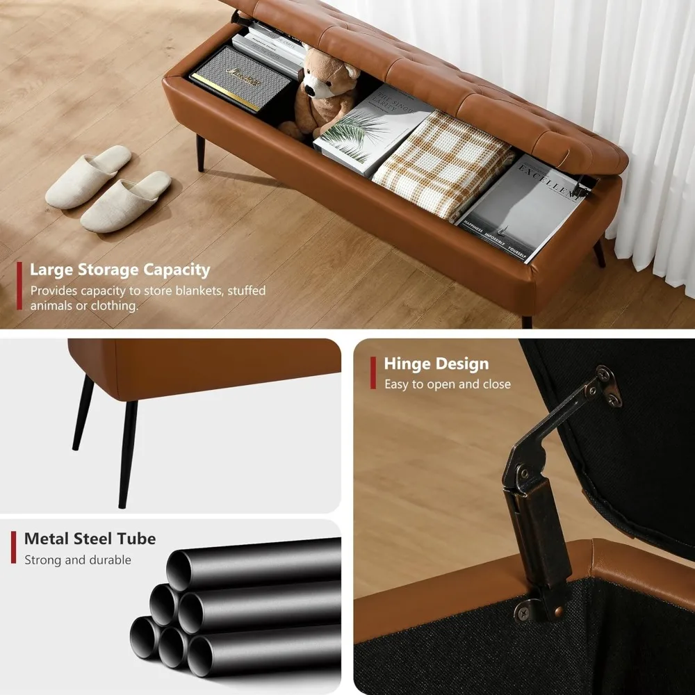 مقعد عثماني من الجلد الحديث في منتصف القرن مع أرجل فولاذية، وتخزين ونهاية السرير للاستخدام لغرفة المعيشة وغرفة النوم وغرفة الطعام وغيرها #4