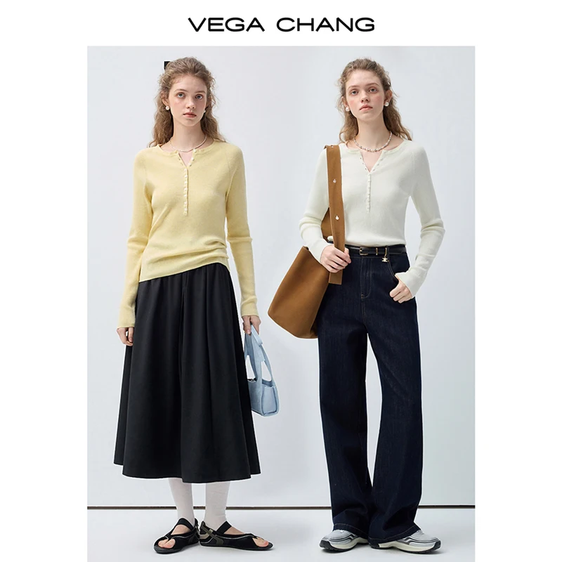 

Элегантный женский трикотажный топ Vega Chang из смесовой шерсти на весну и осень с половиной застежки на пуговицы