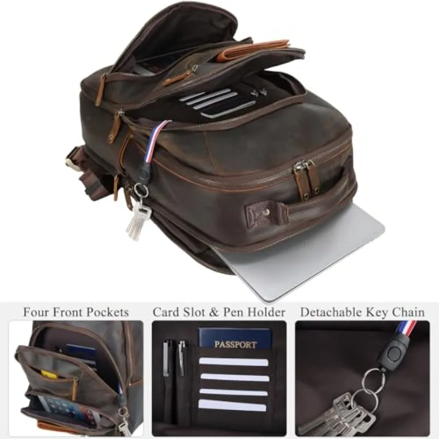 حقيبة ظهر TIDING للرجال من الجلد المحبب بالكامل تناسب أجهزة الكمبيوتر المحمول مقاس 16 بوصة حقيبة نهارية كلاسيكية للأعمال غير رسمية سعة 19 لتر حقيبة ظهر للسفر طوال الليل #3