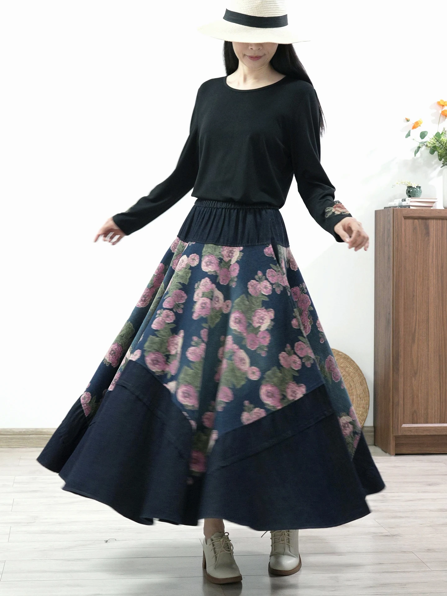 TIYIHAILEY Lange Maxi Frauen Elastische Hohe Taille Winter Herbst Denim Rock Dame Gedruckt A-Line Patchwork Schwarz Dicke Jeans 2025