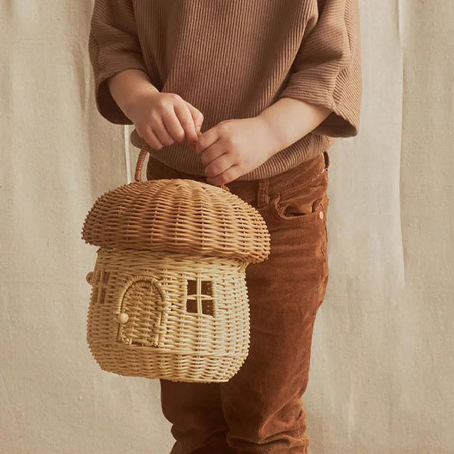 Mushroom Basket Bag Rattan Storage Wicker Kids Handbag Beach Straw Bags Ventilate Box Picnic Basket Hand Woven Storage Baskets