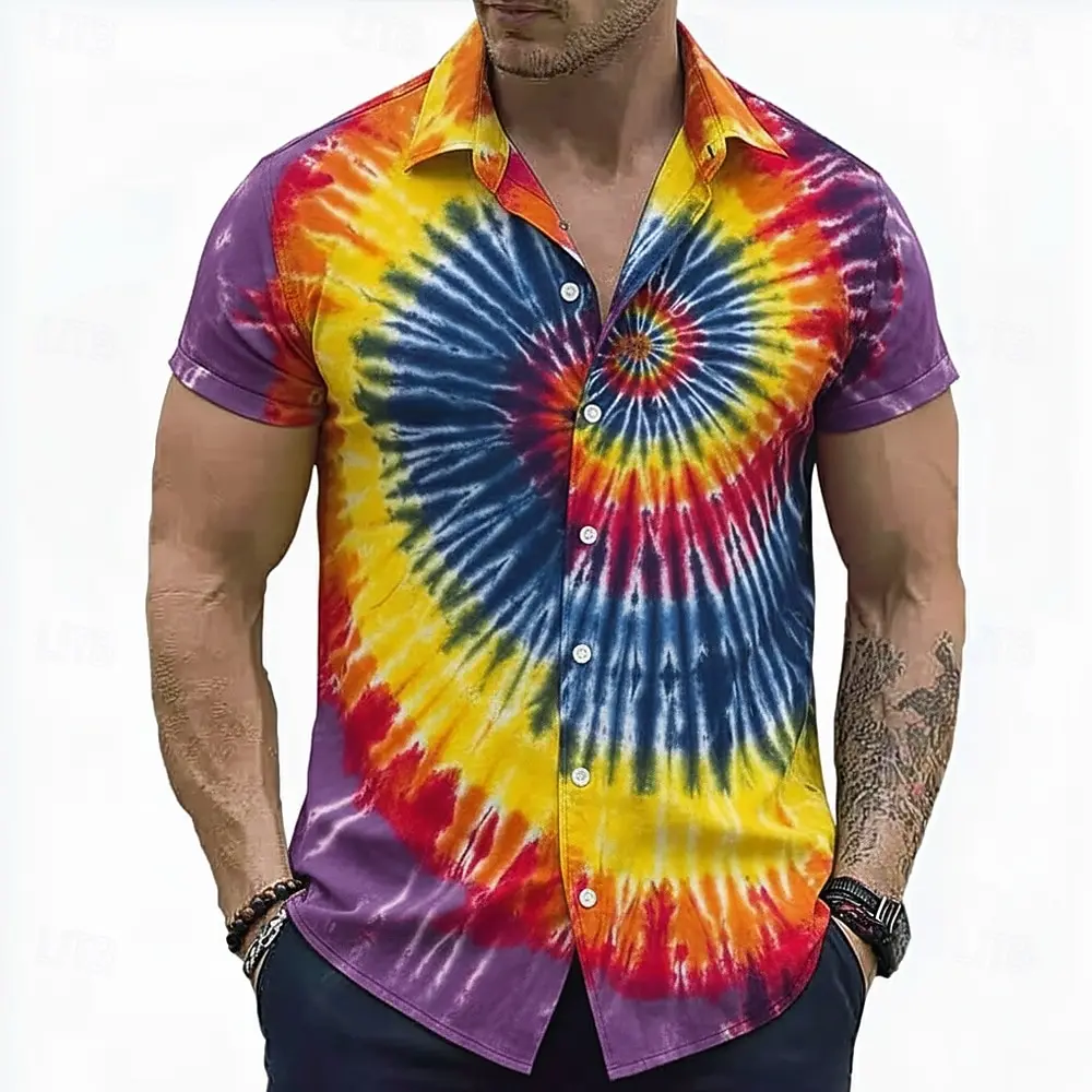 Men's Short Sleeve Button Up Shirt Hippie Tie Dye 3D Print Turndown Collar Pink Red Purple for Spring Summer Holiday Outfit