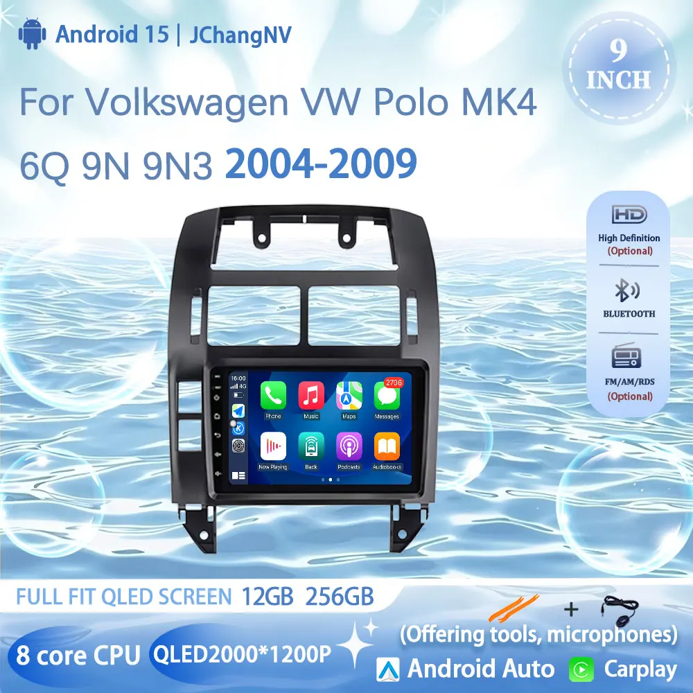 Android 15 Auto Carplay For Volkswagen VW Polo MK4  6Q 9N 9N3 2004-2009 Radio Multimedia Video Player GPS Navigation QLED Screen