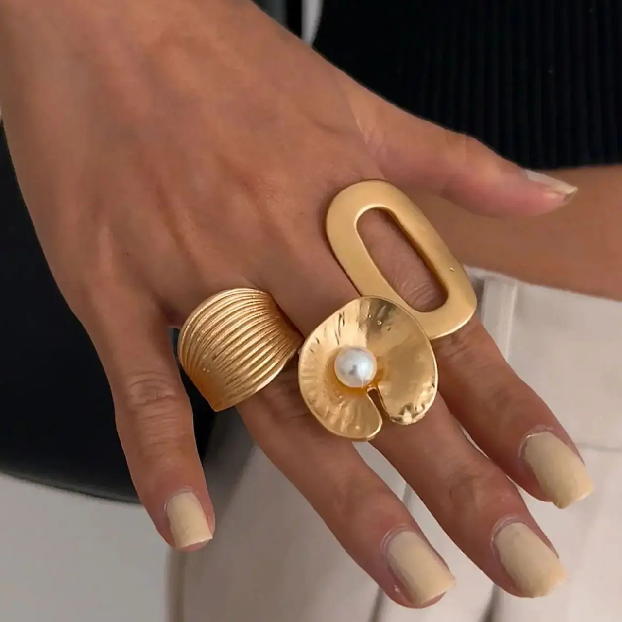 DIEZI Korean Elegant Imitation Pearl Flower Rings Women Men Fashion Geometric Gold Color Metal Knuckle Joint Ring Set Jewelry