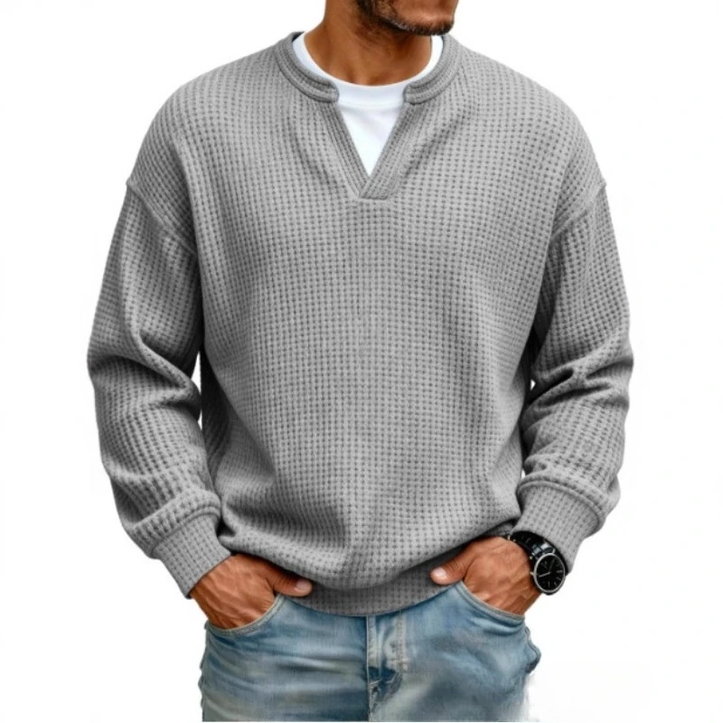Loose Casual V Neck Pullover Waffle Contrast Fake Two Piece Mens Long Sleeve Sweater T Shirt