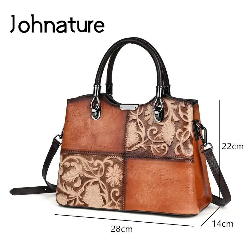 Johnature 2024 New Genuine Leather Women Bag Retro Embossed Handbag Hand Brushed Versatile Real Cowhide Leisure Shoulder Bags