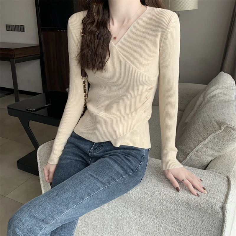 Surplice Sweater for Women Pullovers Ribbed Knit V-Neck Long Sleeve Button Side Plain Jumper Teen-girl Fall Winter Basic Outfit