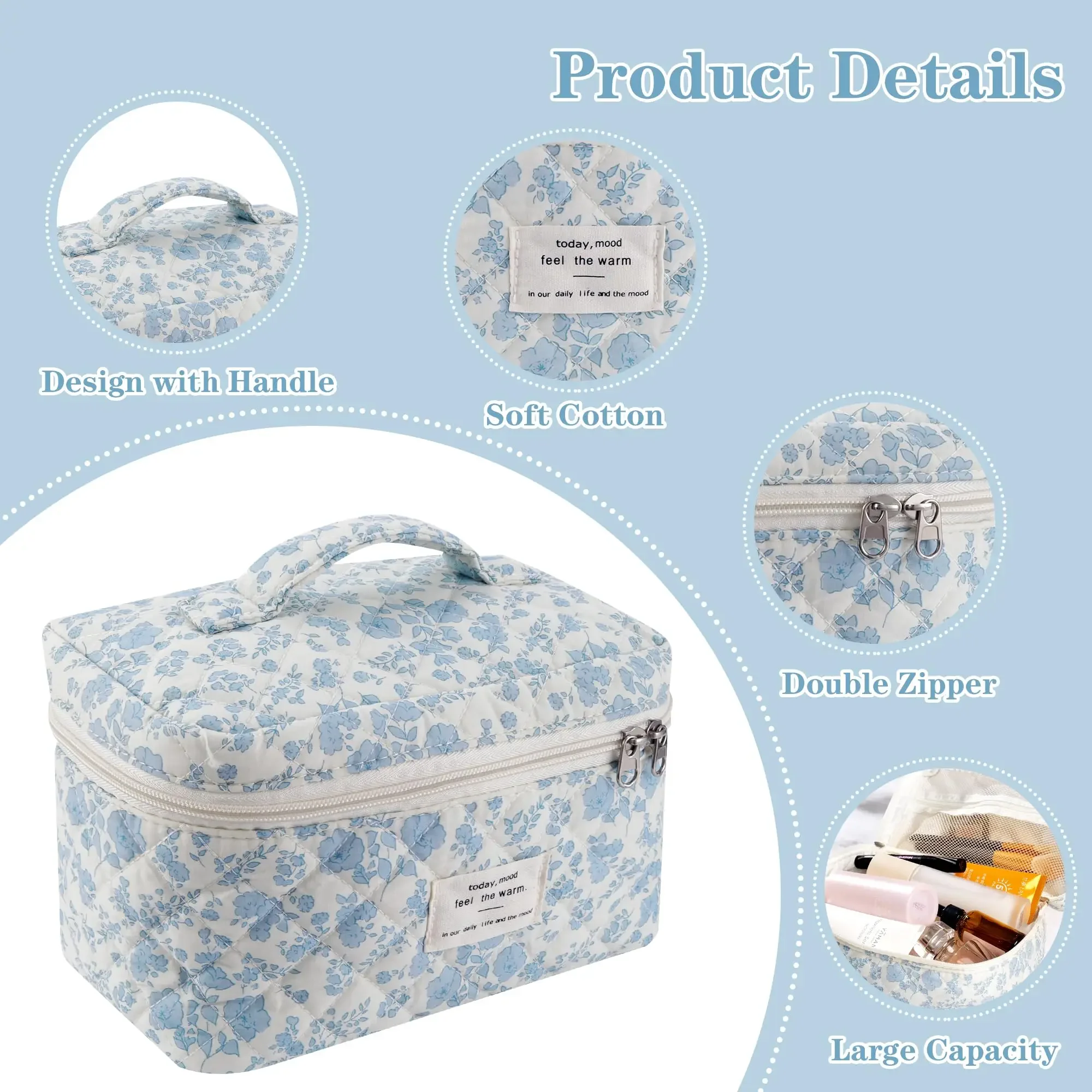

3Pcs Cotton Quilted Makeup Bag Set Women Zipper Cosmetic Organizer Female Cloth Handbag Portable Toiletry Case for Girls