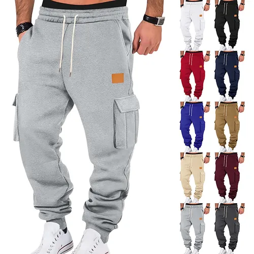 Imagen 2 del producto Pantalones Cargo para hombre, novedad de 2025, pantalones holgados rectos informales sueltos para otoño e invierno, pantalones de chándal con múltiples bolsillos de Color sólido 