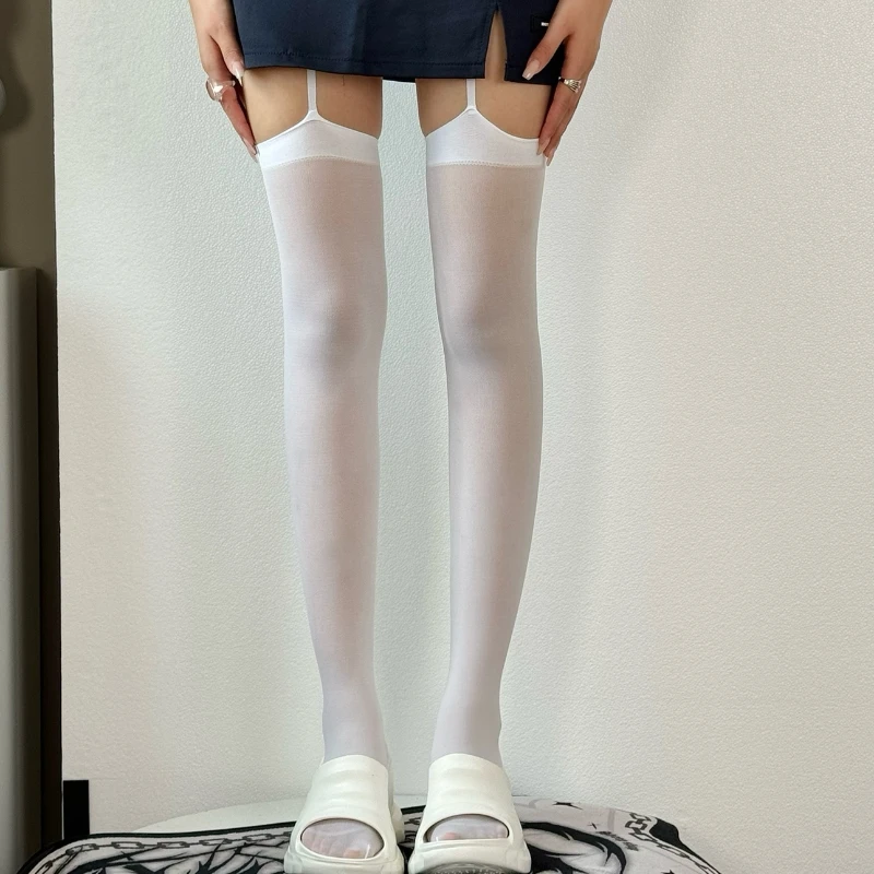 Sexy Suspender Thigh High Stockings Velvet Thin Black and White Irregular Exposed Skin JK Japanese Over-the-knee Socks