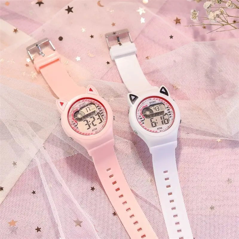 Jam tangan silikon anak perempuan cantik Dial telinga kucing elektronik LED jam tangan anak-anak kartun Jepang jam tangan tahan air ulang tahun