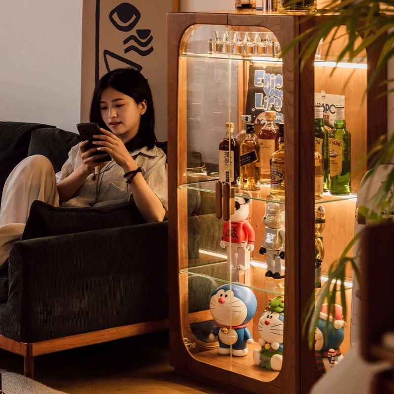 Display Cabinet Living Room Sofa Side Cabinet Cherry Wood Locker with Light Dust-proof Glass Figure