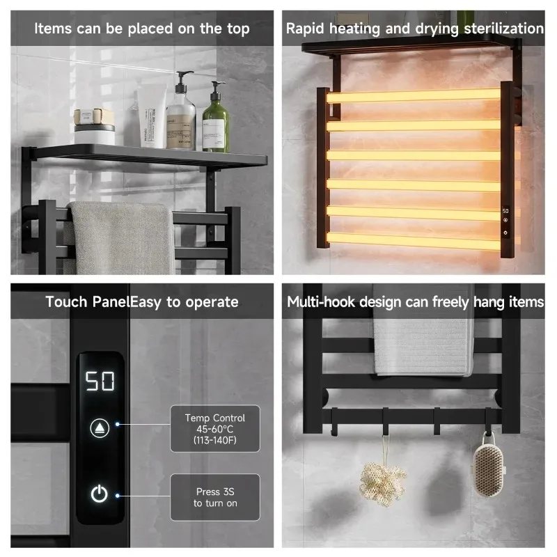 

Space Aluminum Electric Heated Towel Rack with Timer and Temperature Adjustment, Bath Towel Heating Rack for Drying