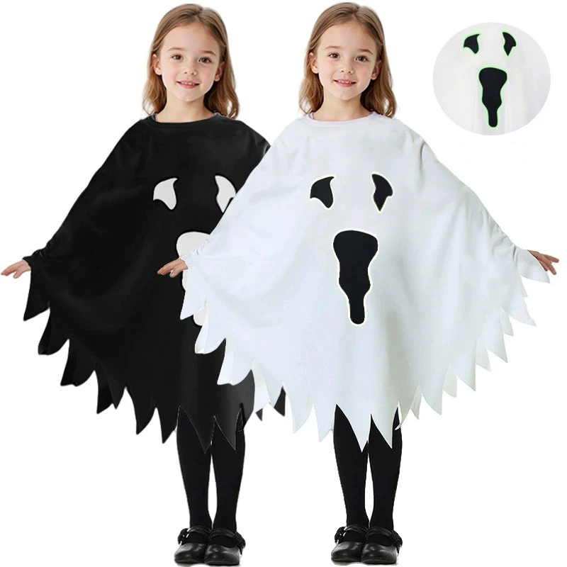 Halloween Boys Girls Cloak Ghost Modeling Hooded Cape Top For 2-12 Y Night Light Reflection Festival Party Performance Costume