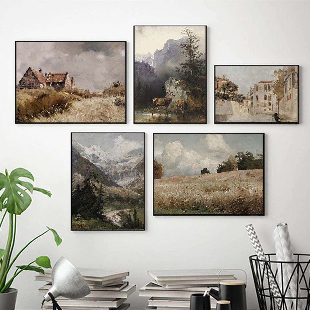 Nordic Vintage Natural Forest Country Windmill Deer Poster Print Abstract Wilderness Sky Painting for Living Room Wall Art Decor