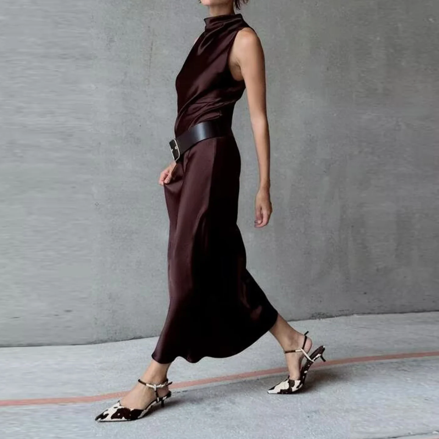 Z Faionable-vestido Midi de satén de seda con cinturón para mujer, vestido redondo Ne de cintura alta, Color puro, uso diario