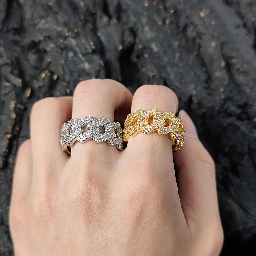 11MM Width Double Row Iced Out  Rhombic Cuban Rings Fashion Hip Hop For Men Bling Cubic Zirconia Jewelry
