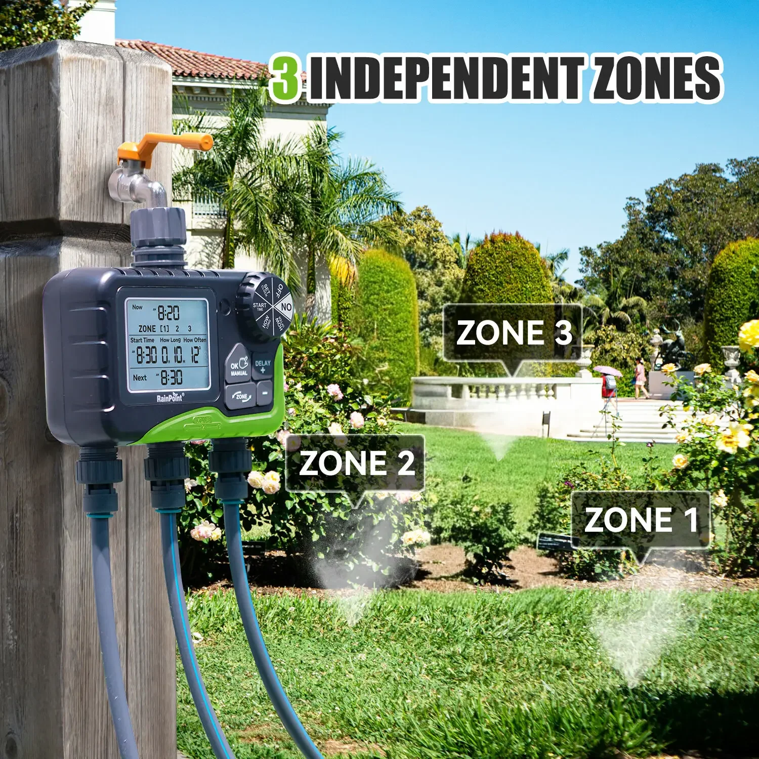 With Rain Delay Manual/Auto Mode Watering RainPoint Garden Water Timer 3 Zone Programmable Automatic Irrigation Timer