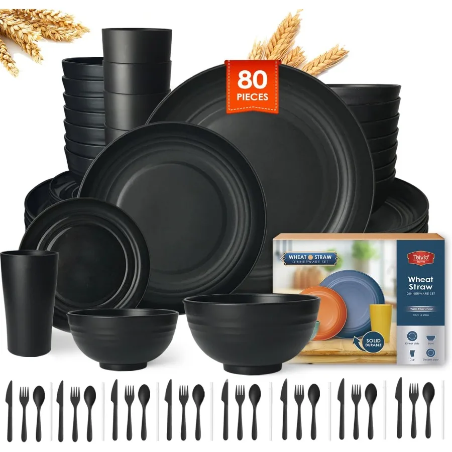 

80Piece Kitchen Plastic Wheat Straw Dinnerware Sets for 8 Dinner Plates Plates and Bowls Sets Cups Flatware Dishwasher Safe Unb