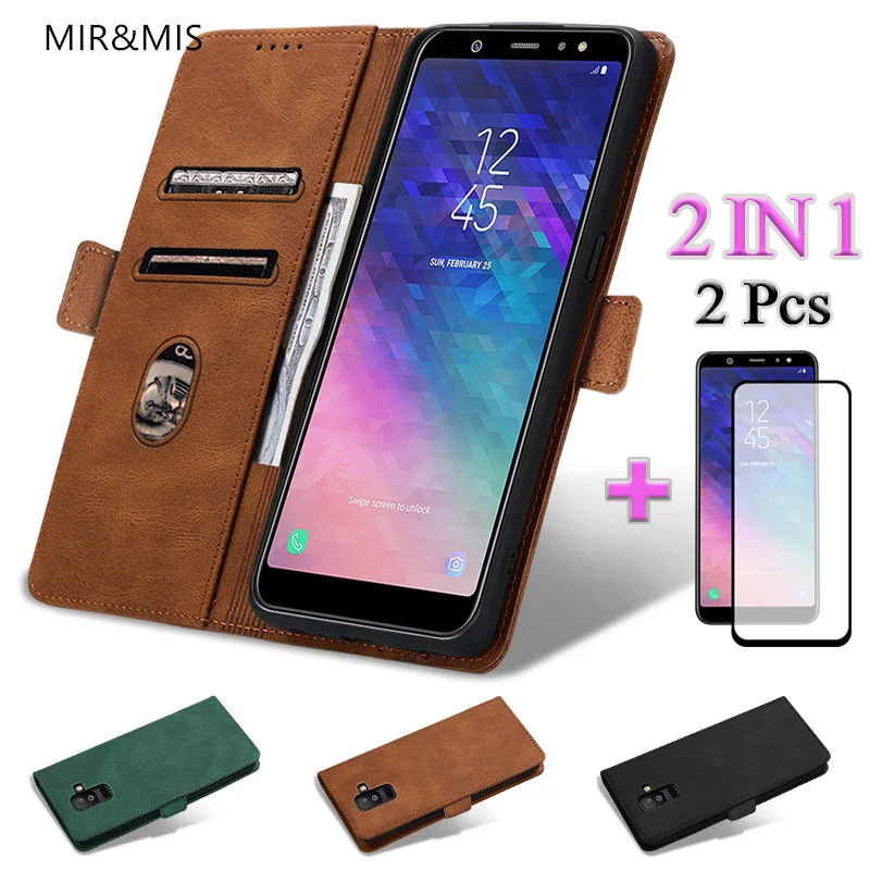 2 IN 1 For Samsung Galaxy A6 Plus Skin Feel Flip Case Leather Phone Case With Two Piece Ceramic Protector Screen