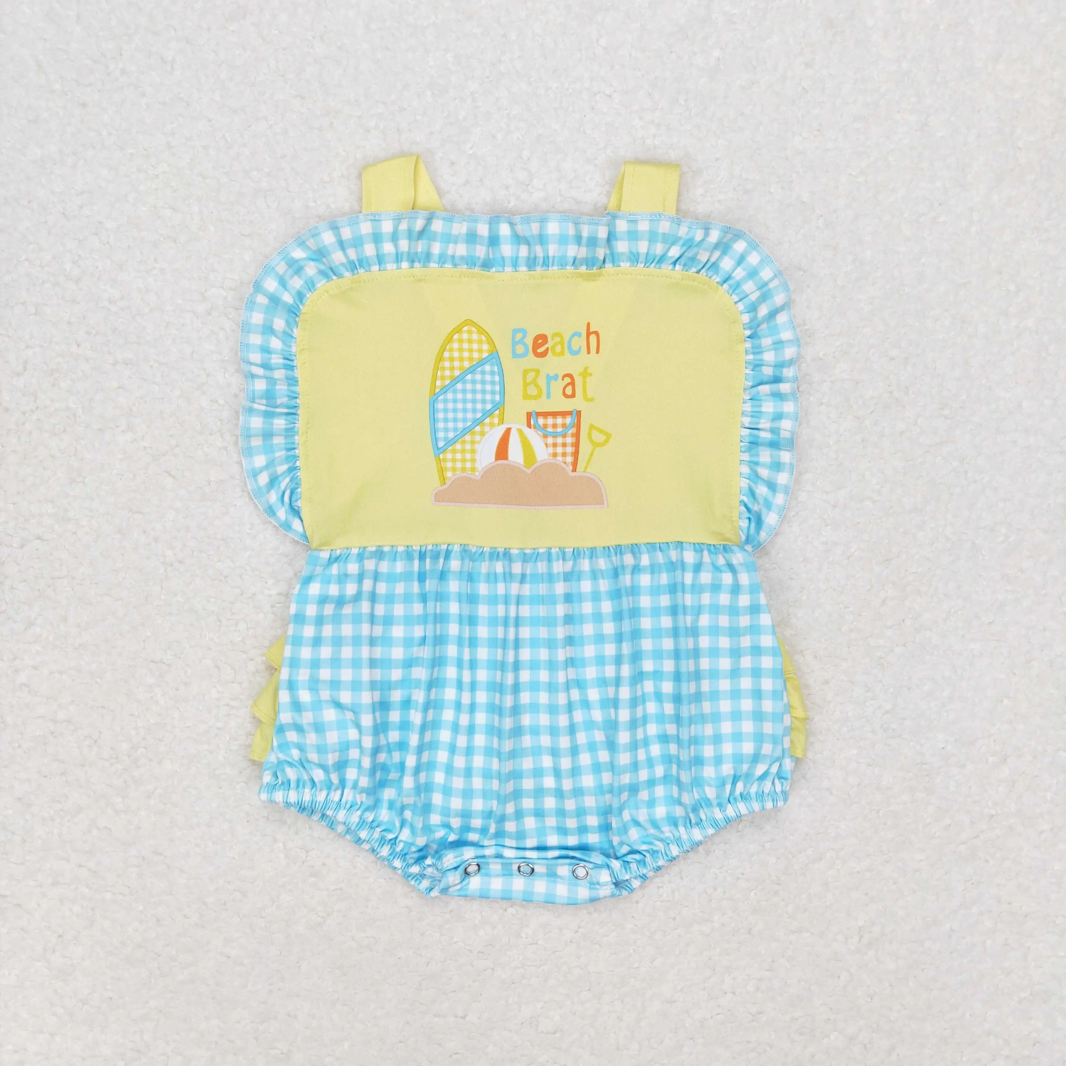 z95-15 SR0956 New Arrival baby rompers girls Beach plaid yellow lace vest romper Wholesale Summer Boutique baby girls clothes