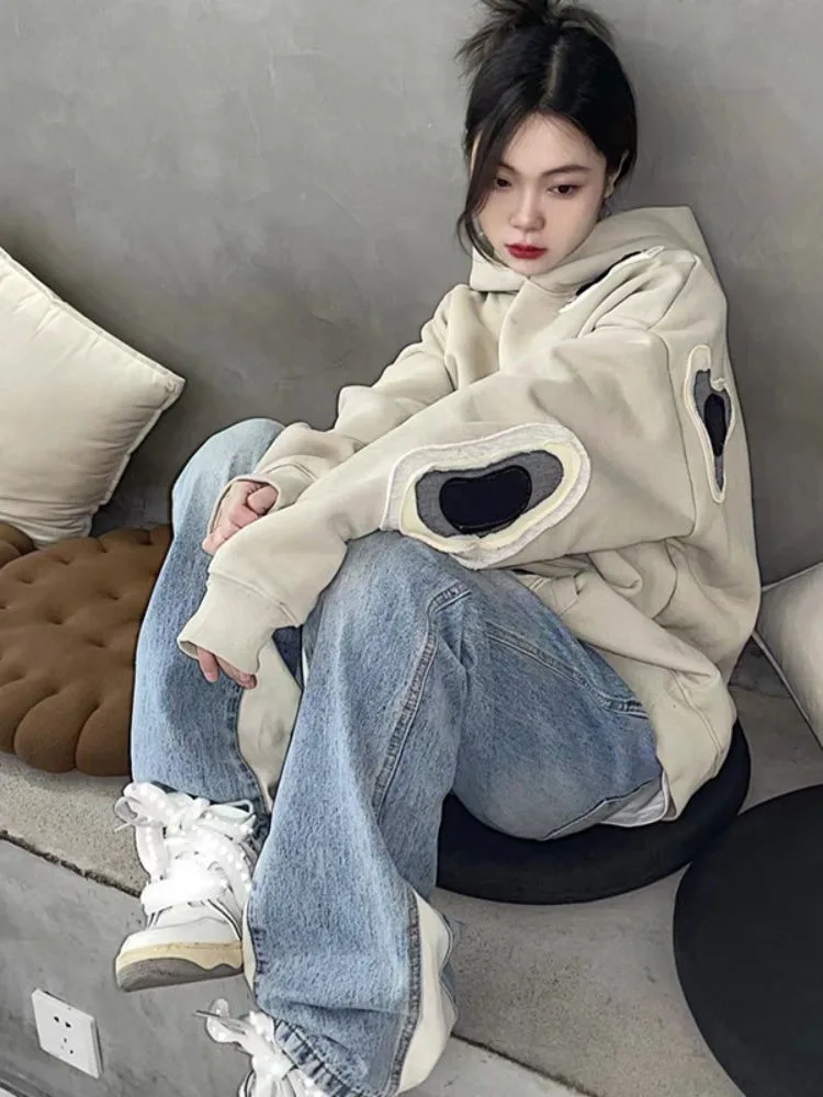 2024 Autumn Fashion Embroidery Patchwork Hoodies Women All Match Oversized Jacket Y2k Aesthetic Loose Sweatshirt Harajuku Tops