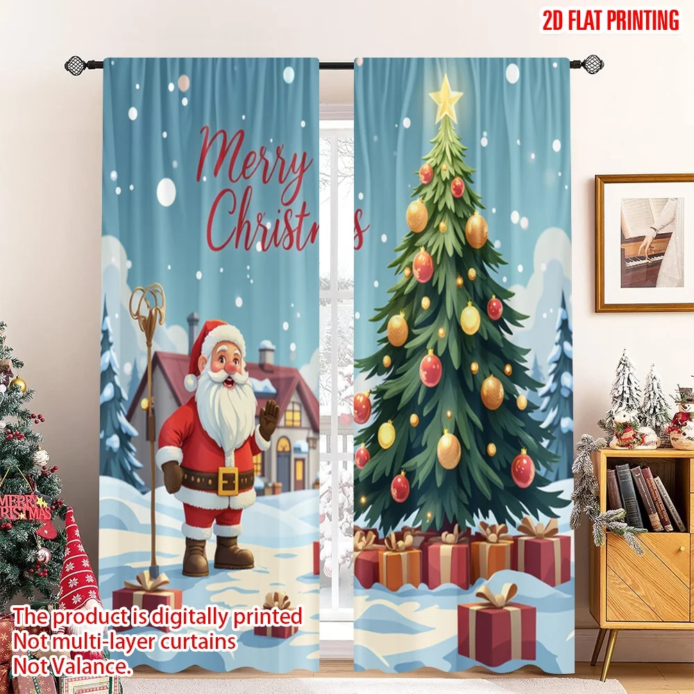 

2pcs 2D flat printing Merry Christmas Popular Window Drapes Merry Christmas Santa Claus Polyester Fabric Without Electricity