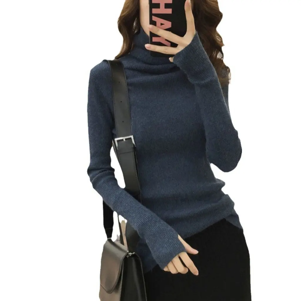 

Women's Black Slim Knitted Top High Collar Retro Hong Kong Style Lazy Style Knitwear for Autumn Winter Bottomingwear