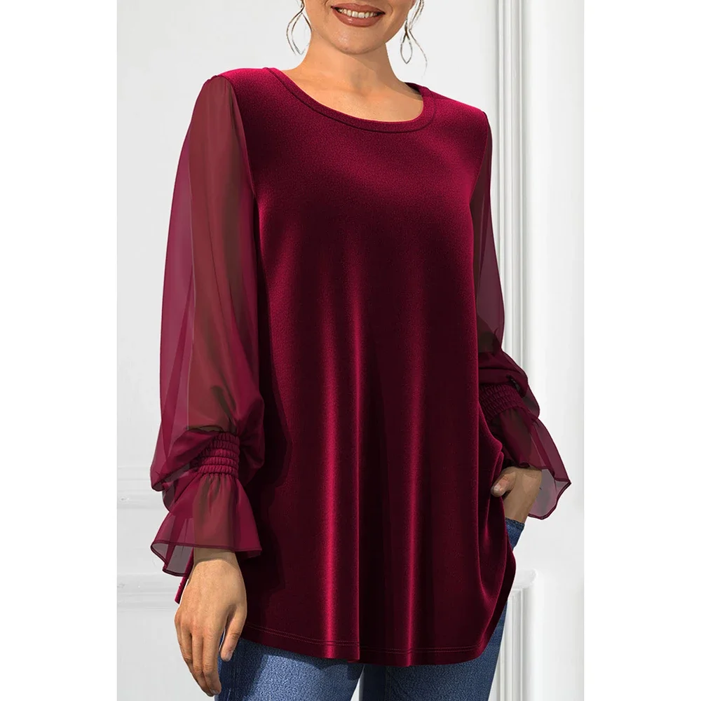 Plus Size Casual Burgundy Velvet Chiffon Patchwork Lantern Sleeve U Neck Elastic Cuff Blouse Christmas Top