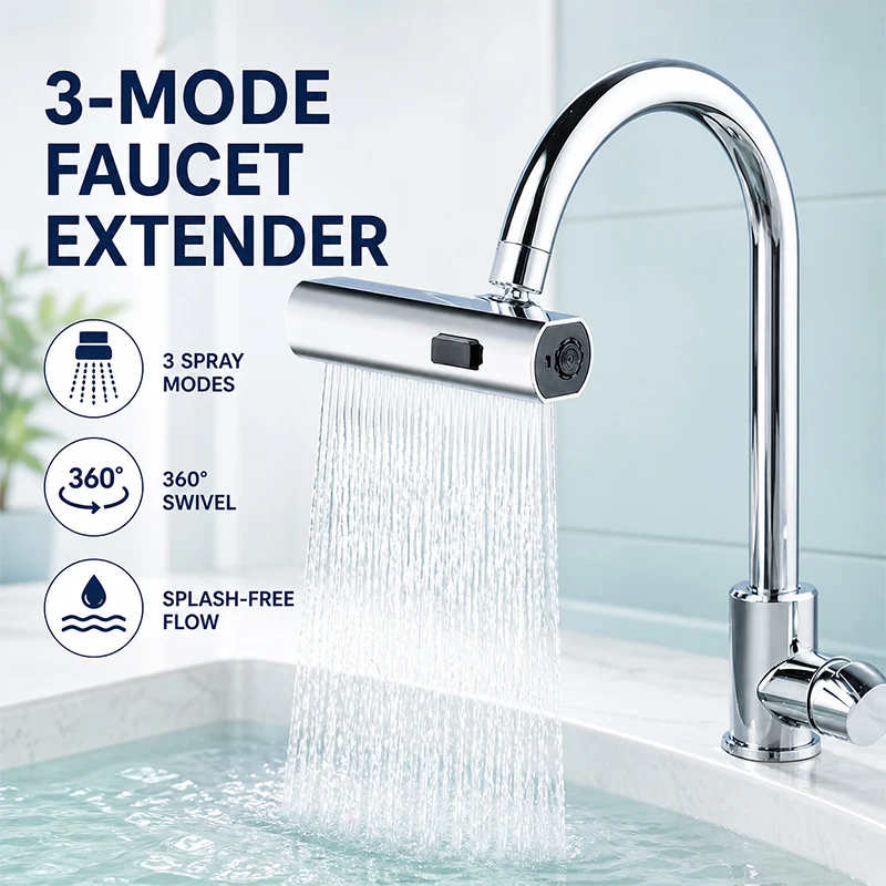 3‑Mode Kitchen Sink Faucet Nozzle Universal 360° Swivel Waterfall Spray Tap Extender Anti‑Splash Water Saving Faucet Aerator