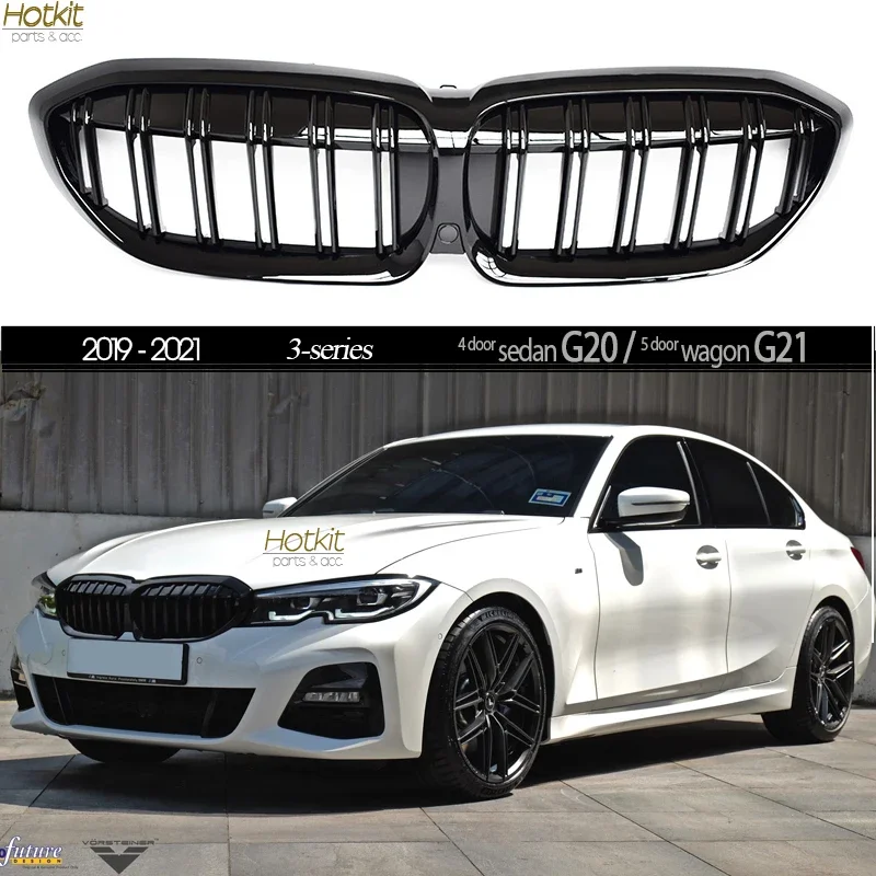 

Решетка G20, черная передняя решетка с 2 направляющими для BMW 3 серии, 4-дверный седан G20, 5-дверный универсал G21, не для M3 2019-2021