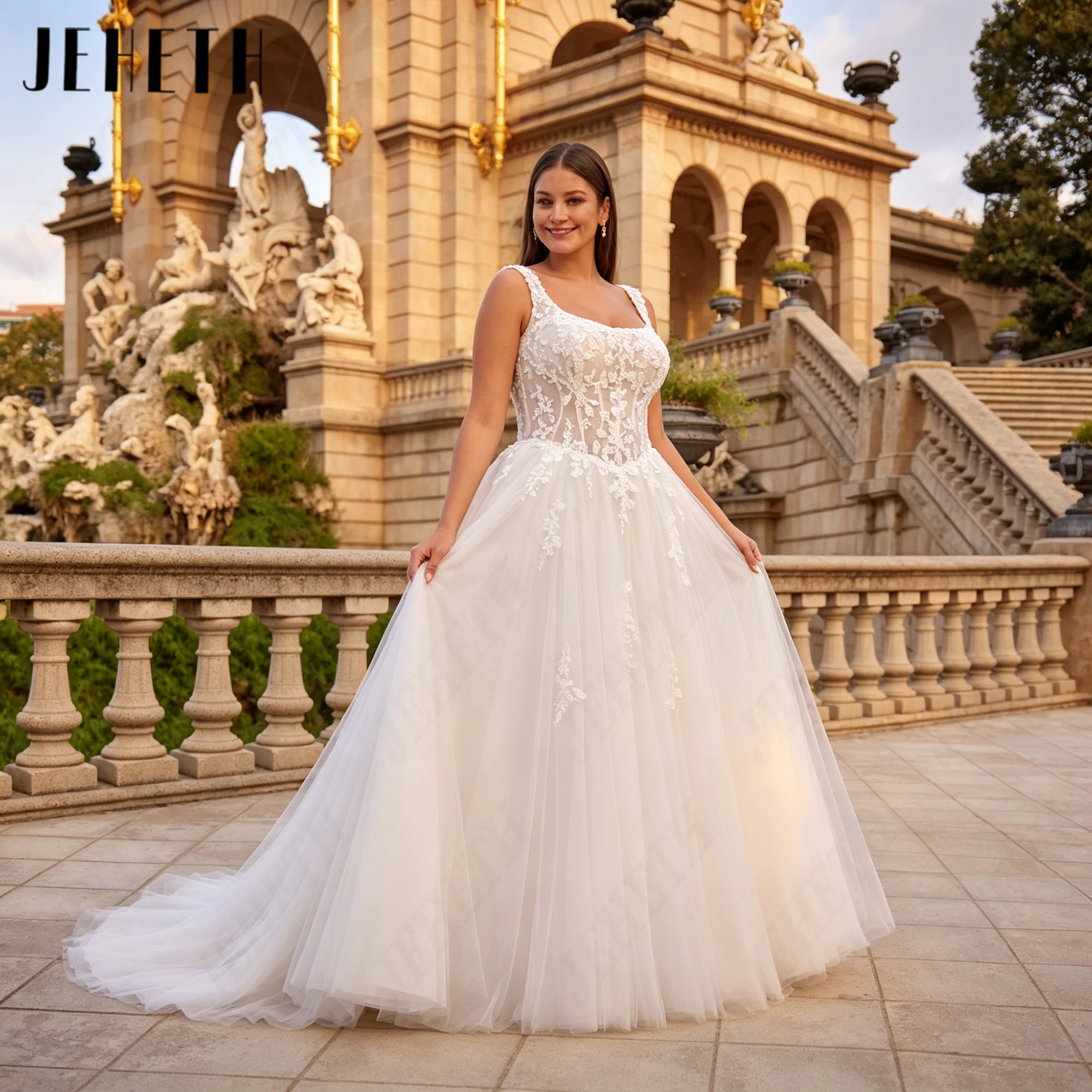 JEHETH Square Neckline Personalized Bridal Gown Plus Size Sweep Train Beach Wedding Dresses Elegant Sleeveless Backless Bride
