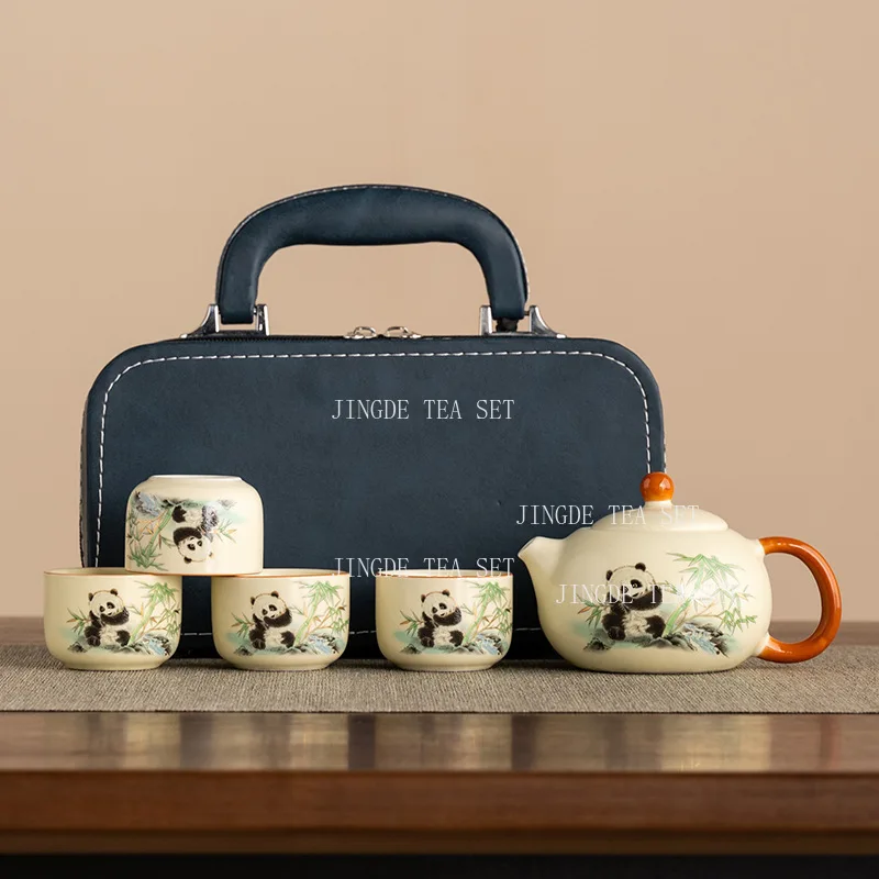 Panda Chinese Tea Set Ru Kiln Household Kung Fu Tea Set Travel Portable Large Capacity Teapot 1 Pot, 4 Cups Set Underglaze Color