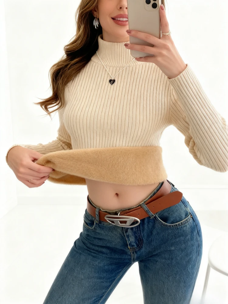 NEW Fashion  Winter Half High Collar Velvet Cozy Sweater Women Autumn Solid Color Casual Soft Knitted Top Long Sleeve Knitwear