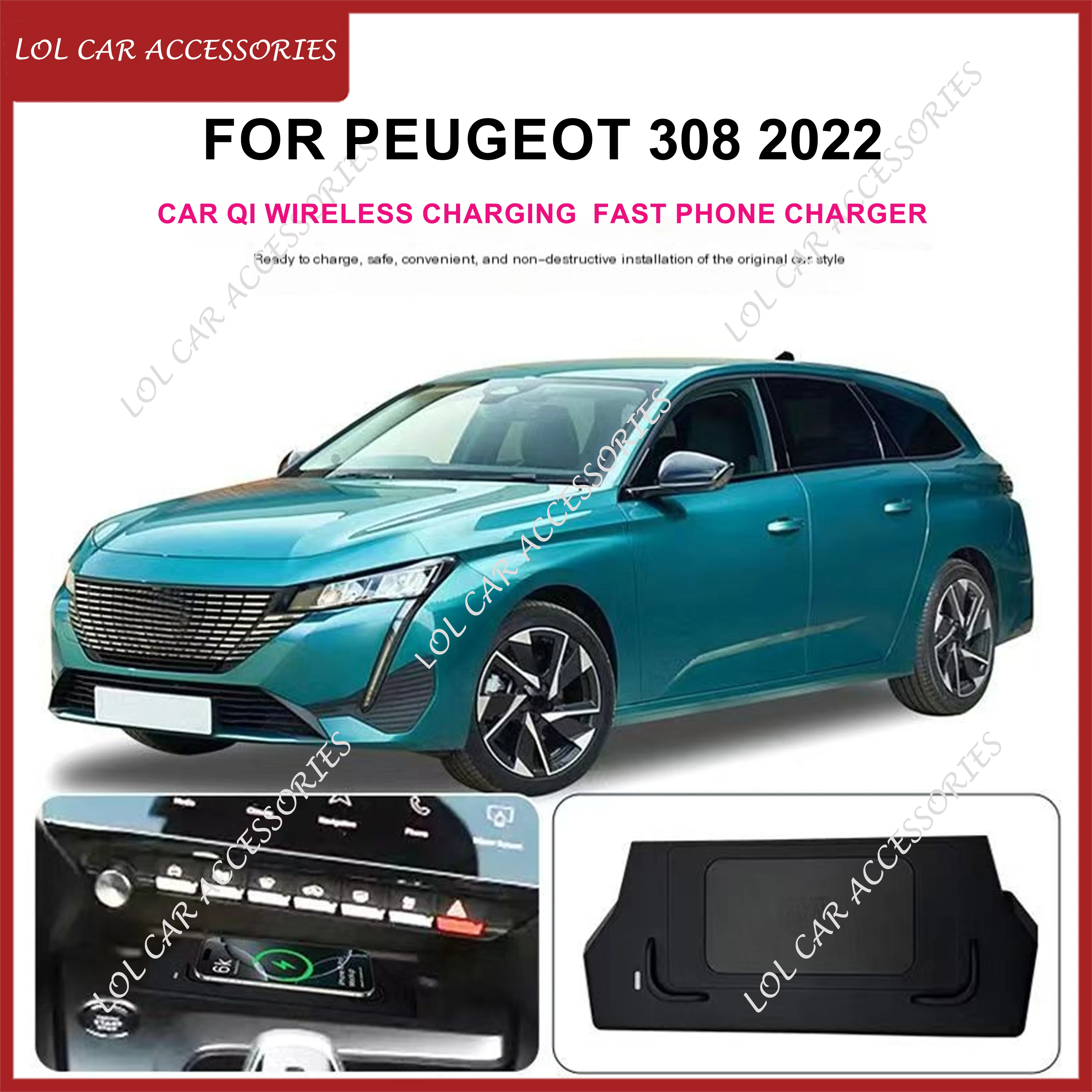 

For Peugeot 308 2022 15W Car QI Wireless Charging Panel Fast Phone Charger Plate Holder