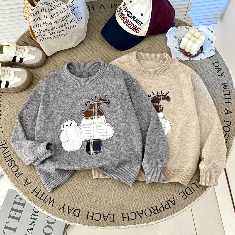 

2025 Autumn New Cartoon Bear Pattern Round Neck Thick Warm Knitted Sweater for Children