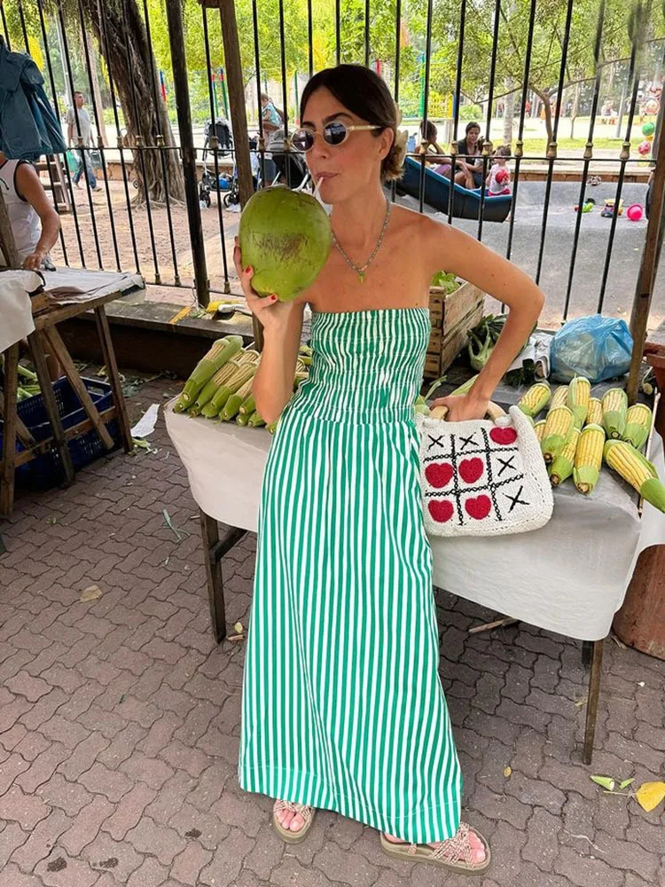 2024 New Green Stripes Maxi Dress Women Tube Long Beach Dress Off Shoulder Backless Casual Fashion Summer Bust Elastic Dresses