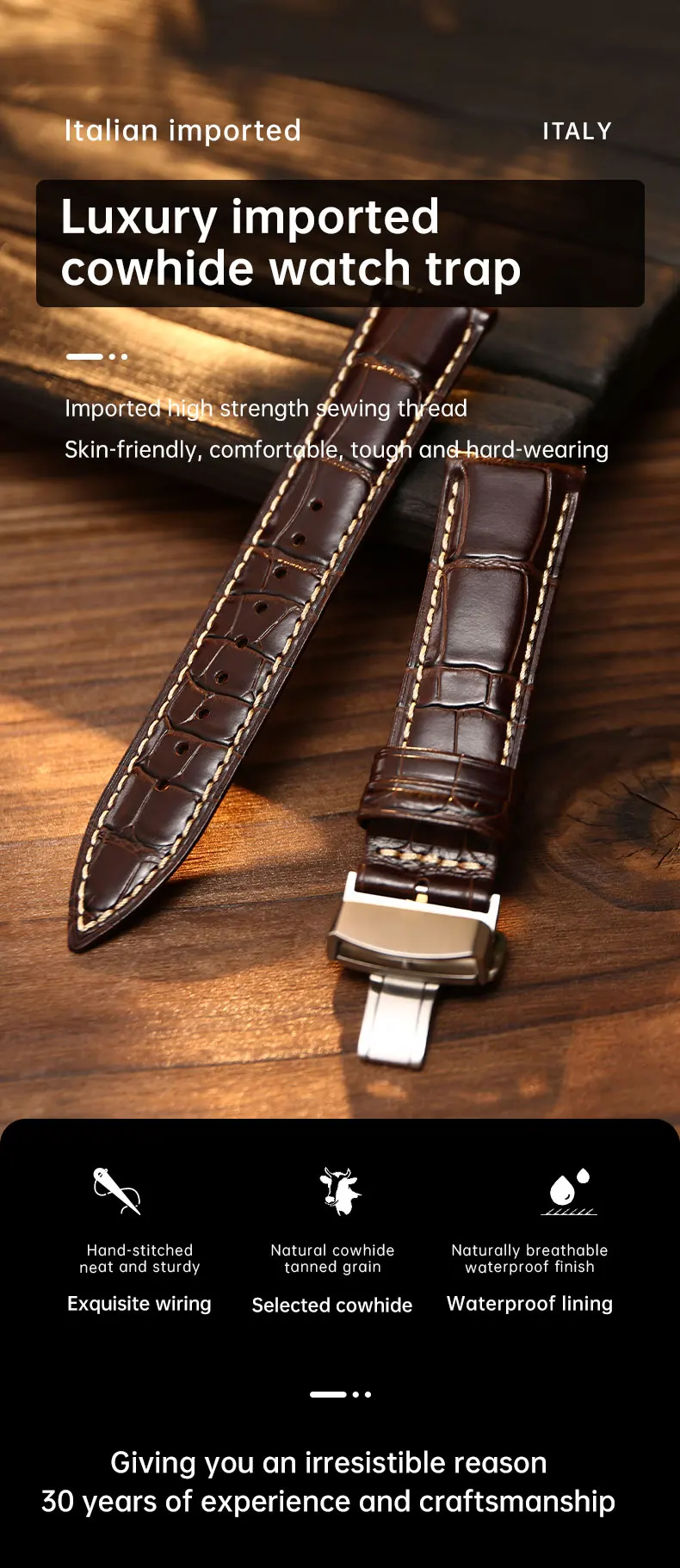 Cinturino per orologio in pelle di vitello marrone Savage Havana fatto a mano, cinturino vintage, 26 24 22 mm - Italia