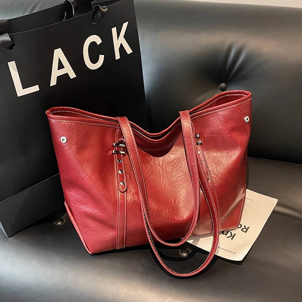 Women Large Capacity Burgundy One Shoulder Bag High Grade Solid Color Versatile Tote Bags Shopping Commute All-Match Handbags