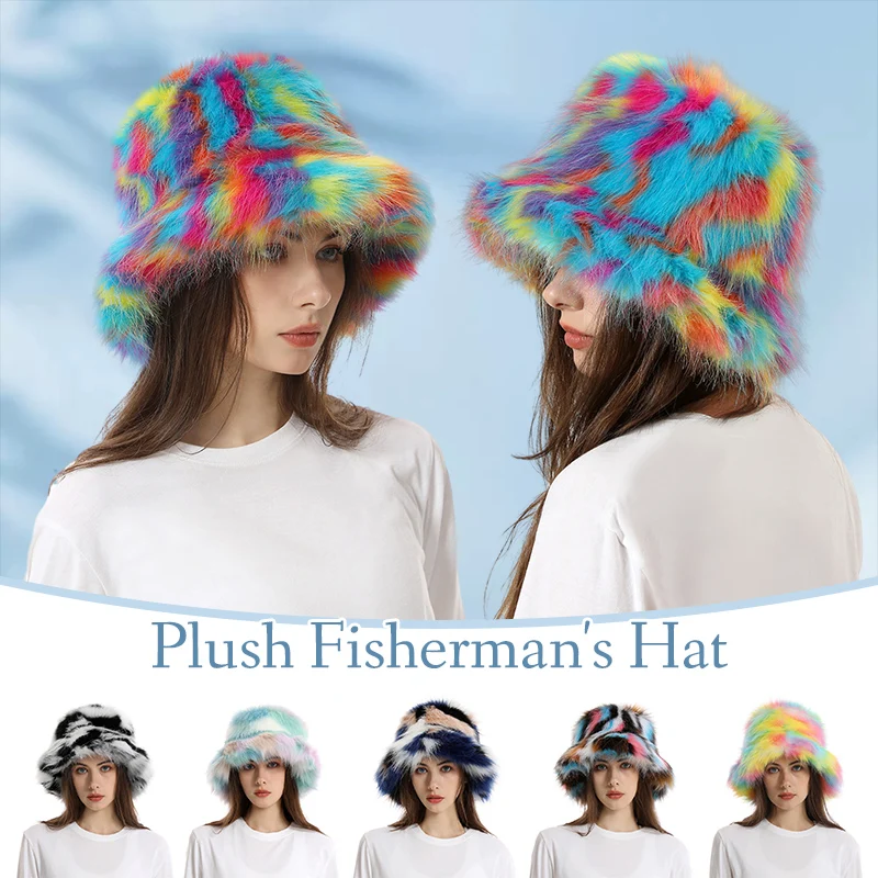 

Faux Fur Colorful Fisherman Hat Women's Winter Warmth And Thickened Basin Hat Casual Fashion Rainbow Splicing Fluffy Plush Cap