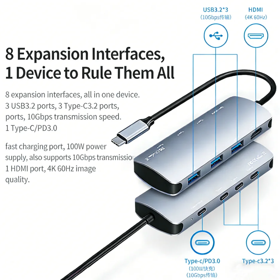 Ready to Ship 4K 60Hz 8 in 1 USB C Hub 100W PD Fast Charging Aluminum Multiport for PS4 Gaming PC Monitor Graphics Card Dock