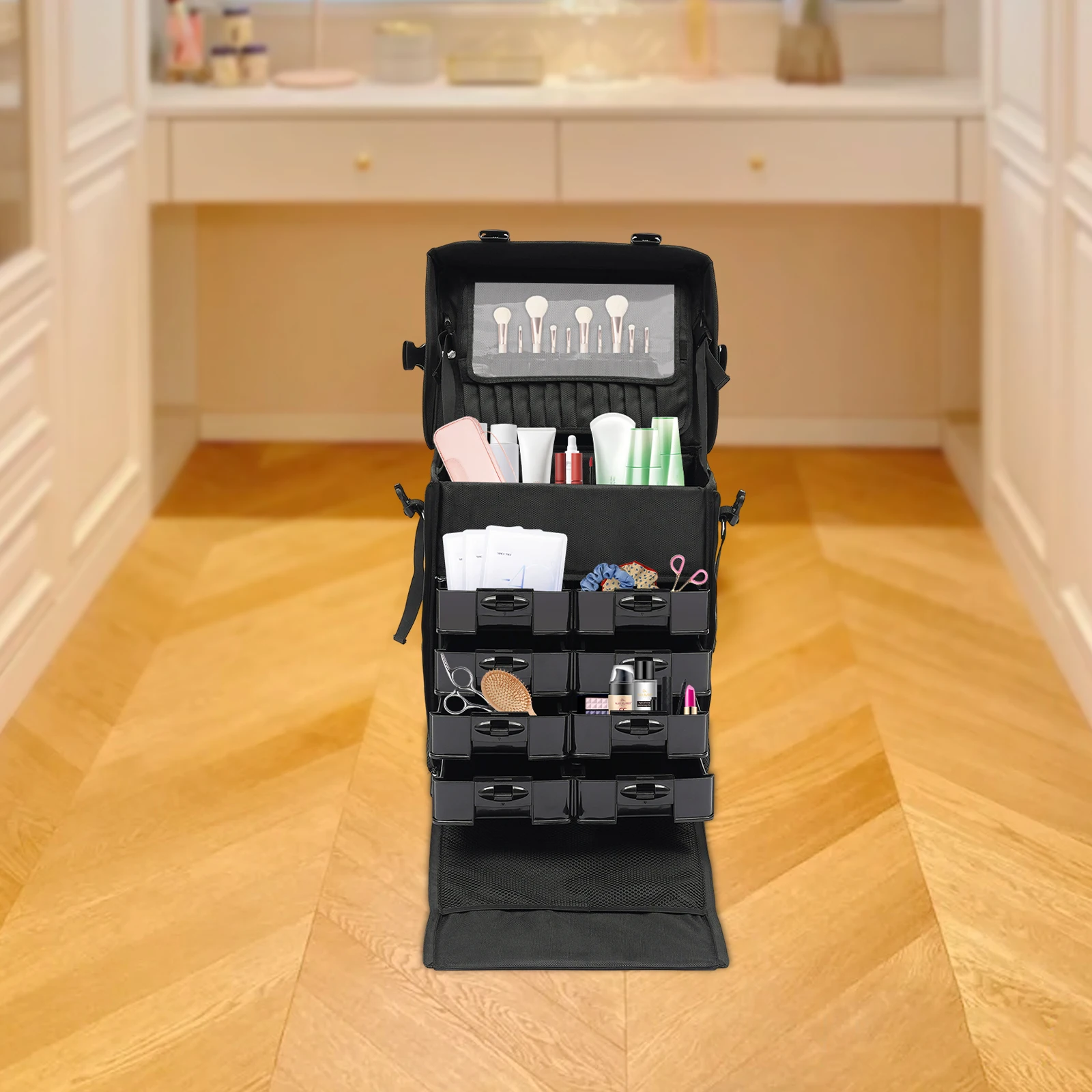 Rolling Makeup Case with Pull Rod, Large Capacity Cosmetic Organizer Trolley for Travel Storage, Black Travel Makeup Suitcase