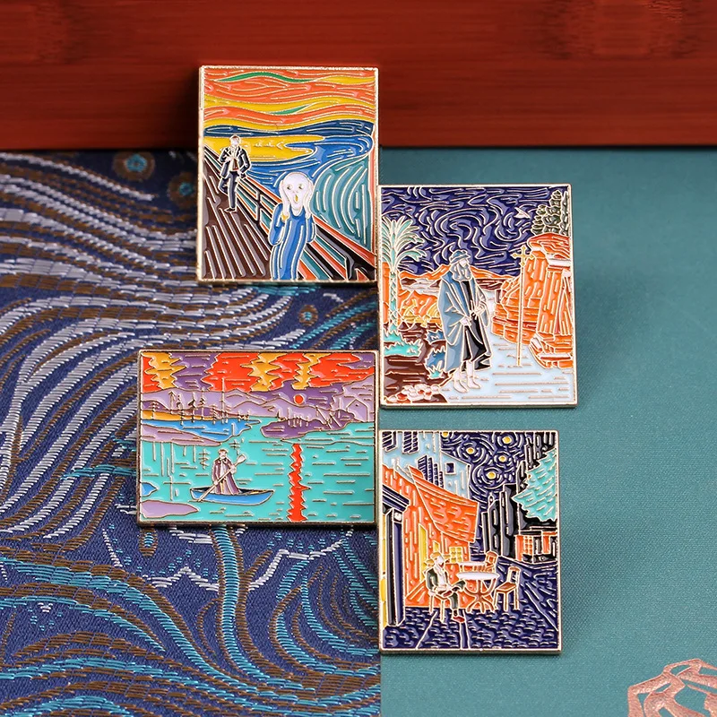 New Famous Art Oil Painting Series Metal Brooches Unisex Vintage Art Badge Pins for DIY Clothes Bags Hat Scarf T-shirt Jeans