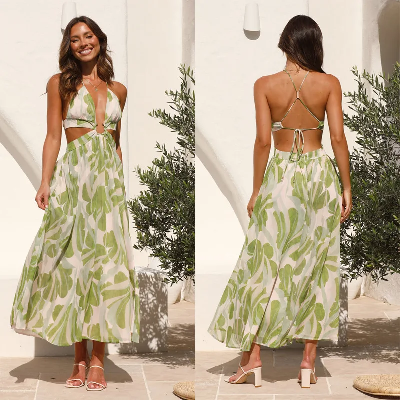 

New Women's Clothing V-neck Halter Strap-up Printed Pendulum Long Dress European and American Cross-border Summer 2025