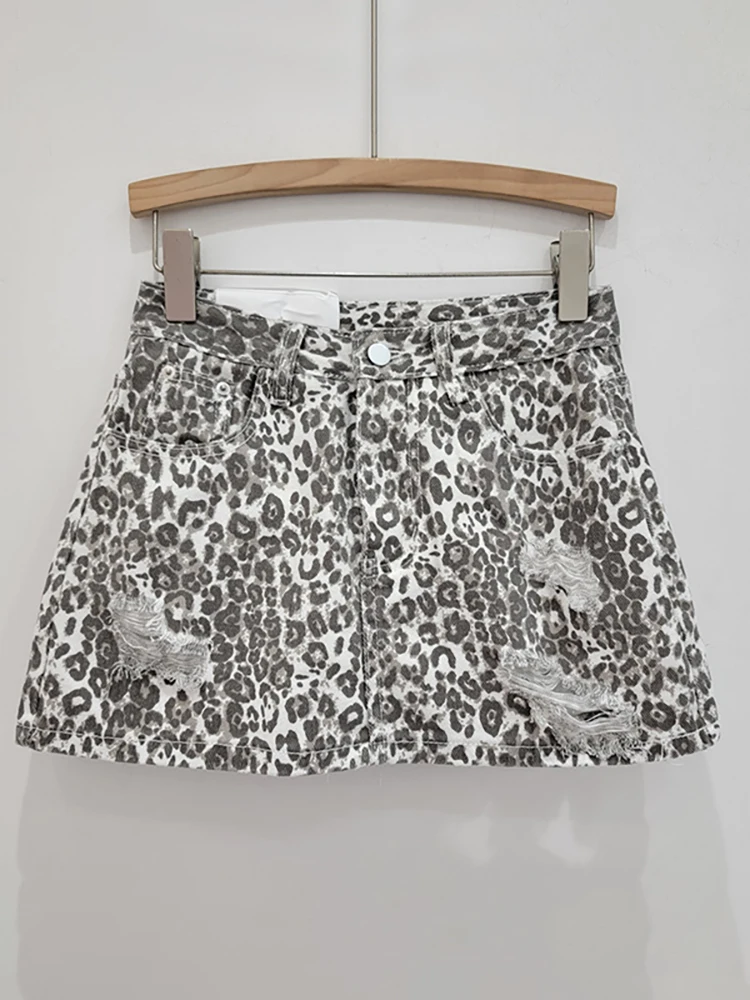 DEAT Women's Denim Skirt A-line High Waist Leopard Printed Broken Holes Distressed Miniskirts 2024 Autumn New Fashion 11XX9351