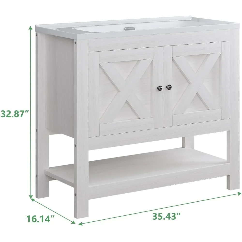 Farmhouse Bathroom Vanity with Sink, 35 Inch Bathroom Vanity Cabinet, Freestanding Vanity, 2 Doors and Open Shelf, Bathroom Cab