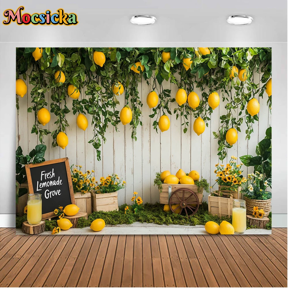 Mocsicka-Fondo de fotografía de limón, fiesta de cumpleaños de primavera, plantas, flores, cajas de madera, tema fresco, decoración de estudio, utilería de fondo